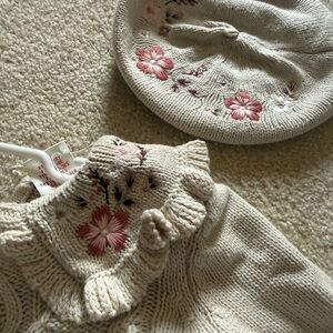 Max Studio Kids Cream Knit Sweater Dress with Pink Floral Embroidery